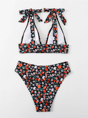 Sonicelife-Sexy printed strap buttoned floral bikini set