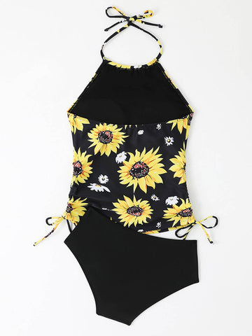 Sonicelife-Sunflower Print Halter Neck Drawstring Tankini Set