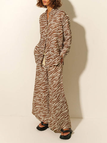 Sonicelife-Button Open Collar Loose Zebra Print Drawstring Wide Leg Pants