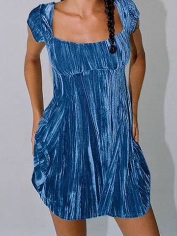 Sonicelife-Blue Velvet Cap Sleeve Mini Dress