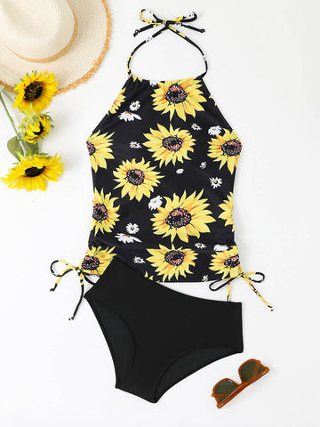 Sonicelife-Sunflower Print Halter Neck Drawstring Tankini Set