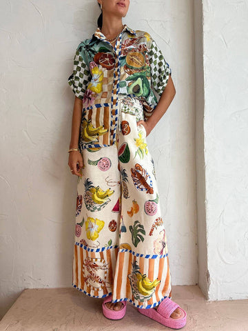 Sonicelife-Tropical Fruit Print Shirt Elastic Waist Pocket Wide Leg Pants Suit