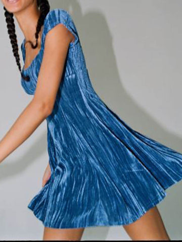 Sonicelife-Blue Velvet Cap Sleeve Mini Dress