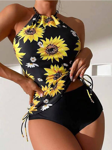 Sonicelife-Sunflower Print Halter Neck Drawstring Tankini Set