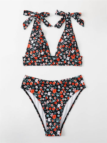 Sonicelife-Sexy printed strap buttoned floral bikini set