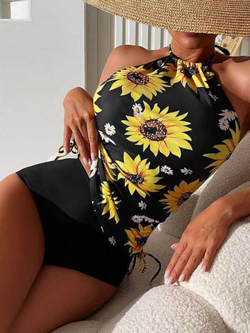 Sonicelife-Sunflower Print Halter Neck Drawstring Tankini Set