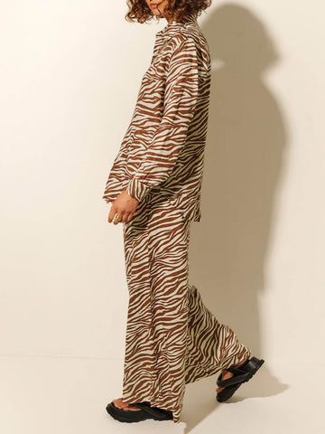 Sonicelife-Button Open Collar Loose Zebra Print Drawstring Wide Leg Pants