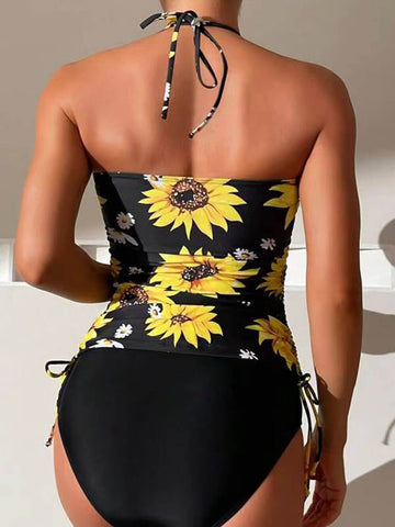 Sonicelife-Sunflower Print Halter Neck Drawstring Tankini Set