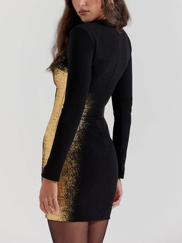 Sonicelife-Black & Gold Foil Print Mini Dress