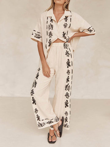 Sonicelife-Black Printed Cream Wide Leg Pants