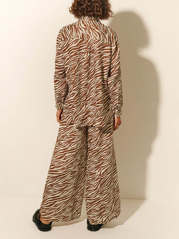 Sonicelife-Button Open Collar Loose Zebra Print Drawstring Wide Leg Pants