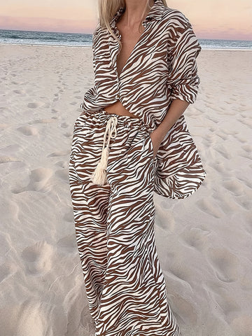 Sonicelife-Button Open Collar Loose Zebra Print Drawstring Wide Leg Pants