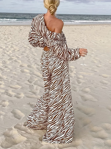 Sonicelife-Button Open Collar Loose Zebra Print Drawstring Wide Leg Pants