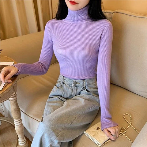 Sonicelife Simple Turtleneck Sweater Women Winter Basic Elastic Slim Knit Jumper Ladies Fall Long Sleeve Female Pullover Top New