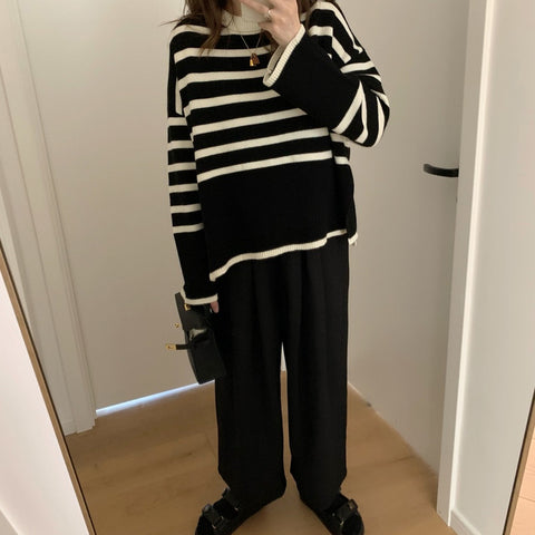 Black Friday Sonicelife Korean Striped Sweater Women Loose Side Split Chic O-Neck Knit Pullover Pretty Style Casual Fall Winter Lazy Vintage Jumpers