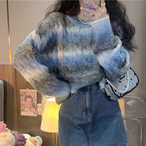 Black Friday Sonicelife Y2K Stripe Tie Dye Women Knit Short Sweaters Autumn Korean Rainbow Sweet Pullover Harajuku Streetwear All Match Crop Jumpers