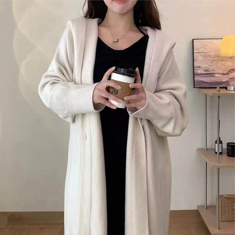 Black Friday Sonicelife Casual Knitted Long Hooded Cardigan Women Korean Loose Solid Single-Breasted Sweaters Female Autumn Chic Elegant Daily Outwear