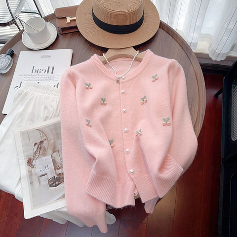 Black Friday Sonicelife Sweet Knitted Cardigan Women Pink 3D Chelsea Pearl Button O-Neck Chic Sweater Fashion Pretty Style Gentle Korean Tops