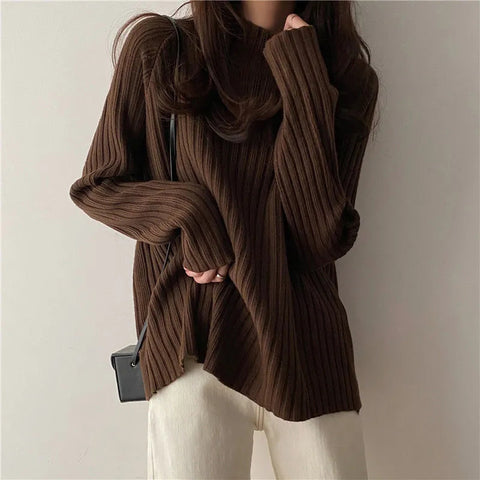 Black Friday Sonicelife Turtleneck Knitted Sweater Women Autumn Winter Fashion Loose Long Sleeve All Match Pullover Sweaters Solid Office Lady Jumper