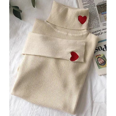 Sonicelife Women Turtleneck Warm Knit Sweaters Heart Embroidered Pullover Slim Bottoming Causal Sweater For Women 2024 Autumn Winter