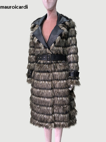 christmas outfit Sonicelife Spring Winter Long Thick Warm Soft Fluffy Hairy Striped Faux Fox Fur Coat Women Luxury Elegant Chic Furry Overcoat