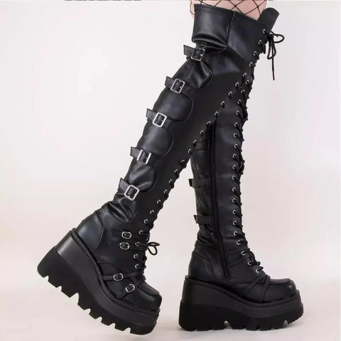 Sonicelife Brand Design Big Size 43 Shoelaces Cosplay Motorcycles Boots Buckles Platform Wedges High Heels Thigh High Boots Women Shoes