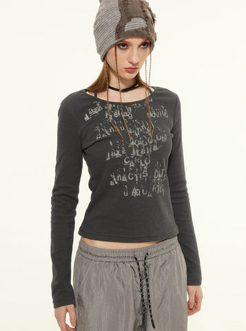 Sonicelife-Casual Round Neck Strap Letter Printed Long-Sleeved Top