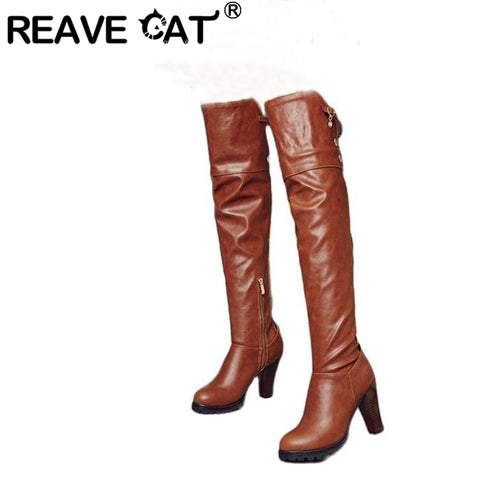 thanksgiving outfit Sonicelife Over-Knee High Boots Round Toe Block Heel TPU Outsole Charm Size 33-45 Mature Red S2675