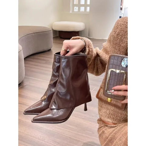 Sonicelife Ankle Boots Women Black Beige Brown Microfiber Leather Women Short Boots Pointed Toe Stiletto High Heel Winter Ladies Boots