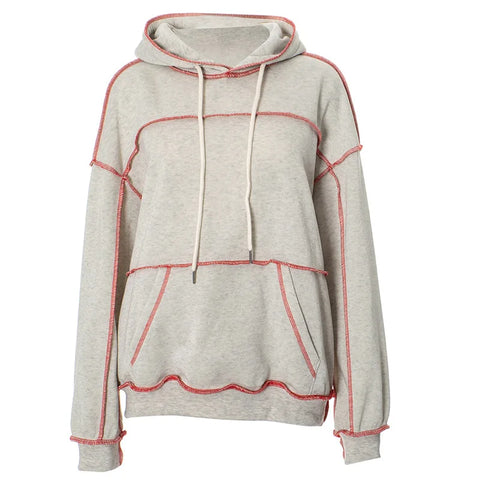 Sonicelife Fashion Women Stitching Line Hoodies Sweatshirts Tops Loose Hooded Pullovers Sweatshirt Casual Lady Joggers Drawstring Hoodie