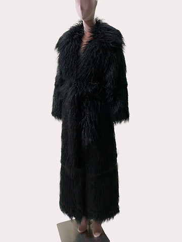 christmas outfit Sonicelife Winter Extra Long Black Thick Warm Shaggy Fluffy Fuzzy Faux Fur Coat Women Sashes Luxury Elegant Maxi Furry Overcoat