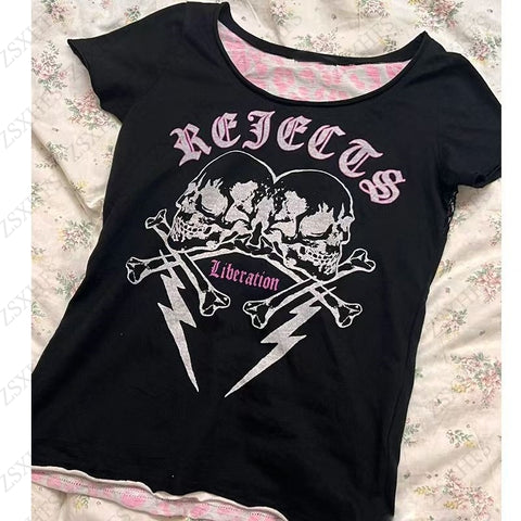 Sonicelife Skulls Punk Crop Top T shirt Women Vintage Clothes 90s Streetwaer Emo Girl Short sleeve Gothic Grunge Femme Aesthetic Y2k Tops