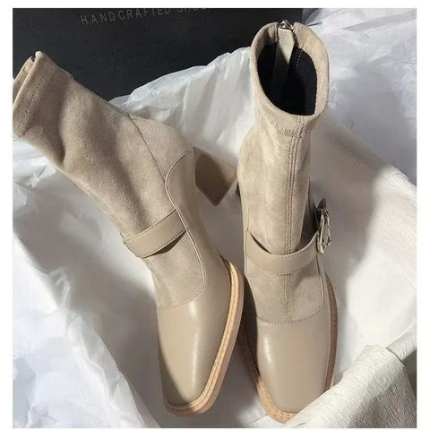 Sonicelife Suede Women Chunky Ankle Boots Mid Heels Fashion Leather Shoes  2025   Trend Goth Chelsea Boots Pumps New Muejr Snow Botas