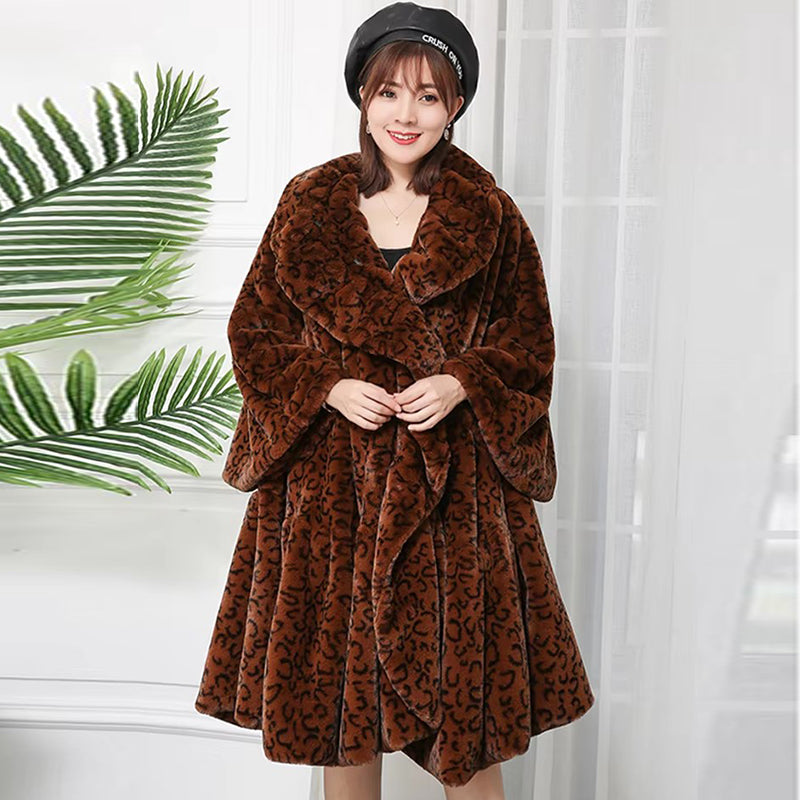 christmas outfit Sonicelife Autumn Winter Long Oversized Warm Colorful Leopard Print Pleated Faux Fur Coat Women Ruffled Collar European Fashion