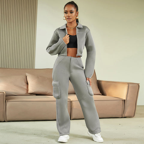 Sonicelife Fashion Women 2 Piece Grid Jacket Cargo Pants Sets Tracksuits Zipper Cropped Jacket Big Pockets Straight Pants Two Piece Outfits