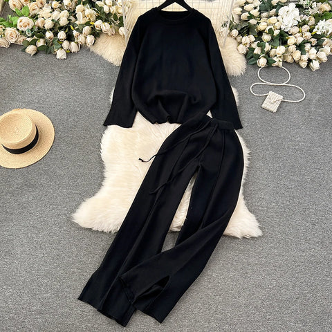 Sonicelife Set Autumn Winter Women Knitted Loose 2 Piece Sets Long Sleeve O-Neck Sweater and Wide Leg Pants Outfit Casual Office