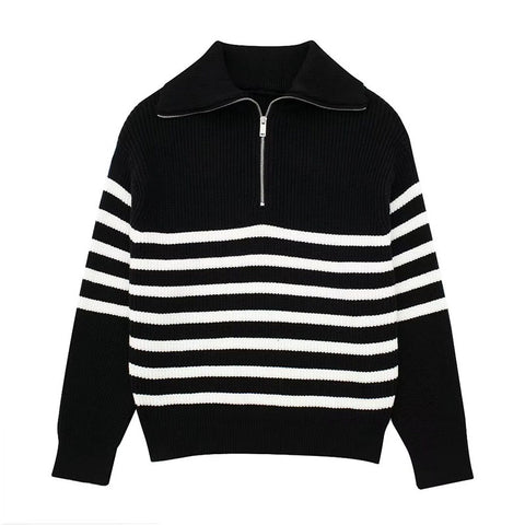 Black Friday Sonicelife Casual Knitted Zipper Striped Sweaters Women Loose Solid Lapel Long Sleeve Sweater Jacket Female Autumn Versatile Daily Outwear