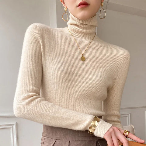 christmas outfit Sonicelife Women Sweater Winter Cashmere Turtleneck Warm Knitwear Korean Casual Solid Bottoming Shirt Fashion Knit Pullovers Brown Sweater