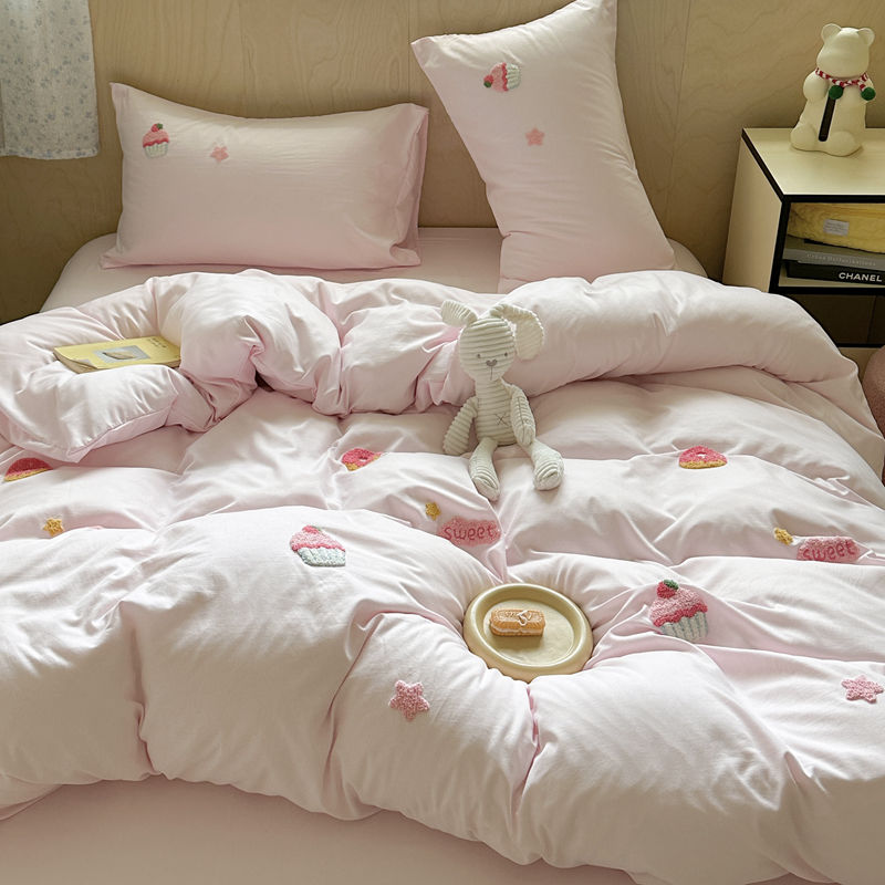 Sonicelife Ins Cartoon Cute Towel Embroidery Washed Cotton Four-Piece Set Quilt Cover Set Bed Sheet Three-Piece Set Bedding Set