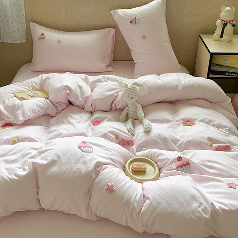 Sonicelife Ins Cartoon Cute Towel Embroidery Washed Cotton Four-Piece Set Quilt Cover Set Bed Sheet Three-Piece Set Bedding Set