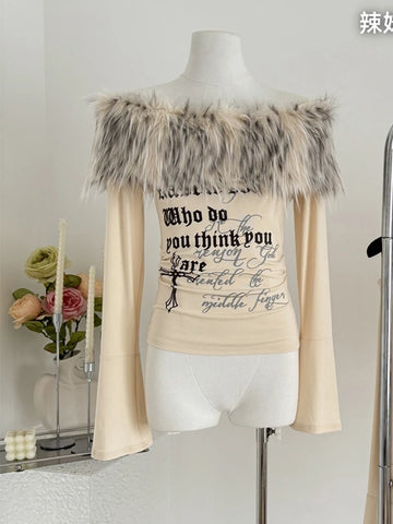 Sonicelife Autumn Winter Korean Fashion Coquette Slash Neck T-Shirt Women Hot Girl Tee Tops Design 2000s Aesthetic Vintage Old Money Y2k