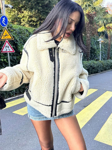 christmas outfit Sonicelife Fashion Contrast Spliced Zipper Lapel Lamb Wool Jacket Women's Chic Casual Thick Warm Long Sleeve Coat Ladies Chic Outwear 2024