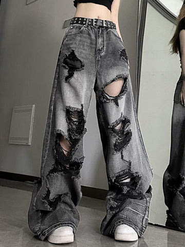 Sonicelife-Washed Black Ripped Boyfriend Jeans