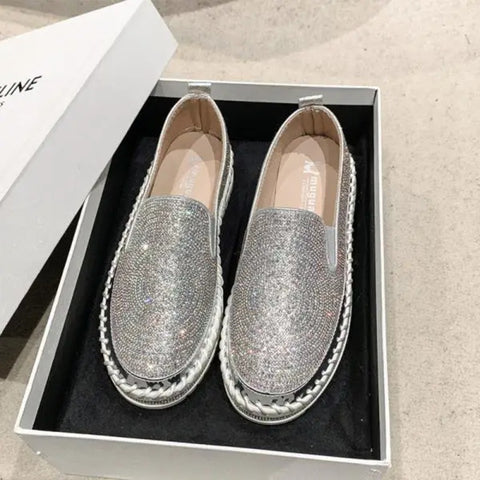 Sonicelife Shoes Woman Flats Slip-on Casual Female Sneakers Modis Crystal Loafers With Fur Round Toe Shallow Mouth Dress Slip On Retro Big