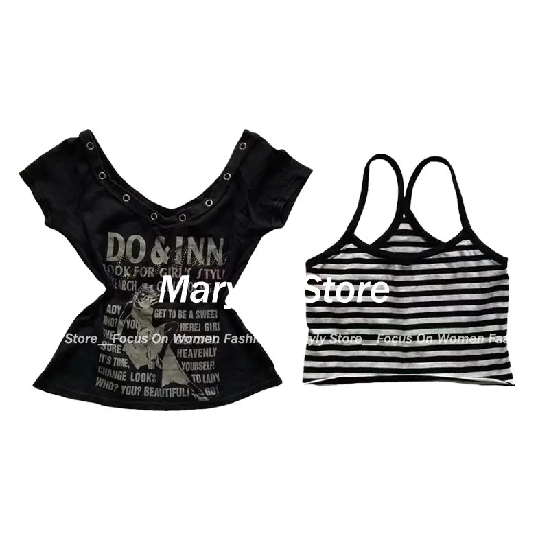 Sonicelife 2025 Summer Y2k Aesthetic Tops Two Pieces Set Women Harajuku Fairy Cropped Letter Printing V Neck T Shirts + Stripe Grunge Vest