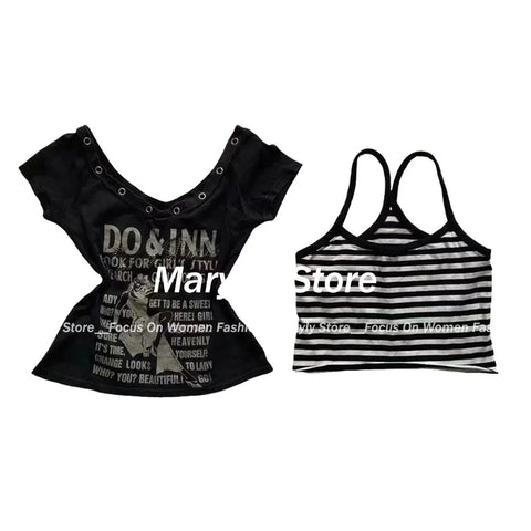 Sonicelife 2025 Summer Y2k Aesthetic Tops Two Pieces Set Women Harajuku Fairy Cropped Letter Printing V Neck T Shirts + Stripe Grunge Vest