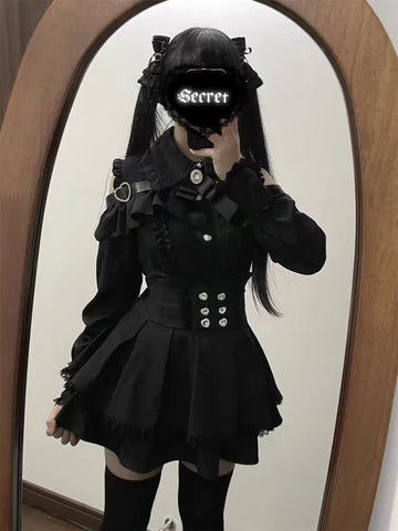 Sonicelife Japanese Black Short Skirt Set Women Sexy Lace Off Shoulder Lolita Shirt Gown Gothic Ruffles Mini Skirts Y2K Aesthetic Suit