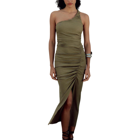 Sonicelife Women's Irregular Camisole Dress Linen Blend Pleated Decoration Front Slit Commuting Style New