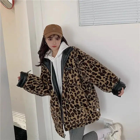 thanksgiving outfit Sonicelife Double-Sided Wear Leopard Slippers Thickened Plush Jacket Women's Winter New Style Hong Kong Flavor Vintage PU Leather Cotton-Pa