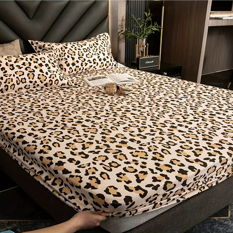 Sonicelife 3pcs Stylish Leopard Print Fitted Bed Sheet Set for Bedroom Soft and Comfortable Bedding Set Bed Sheet with Pillowcases (1pc